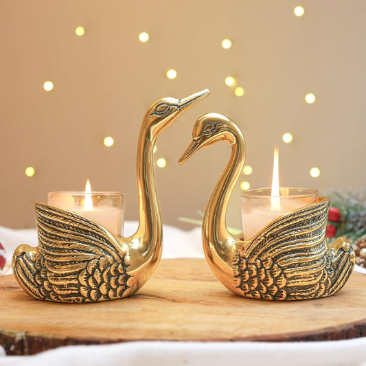 Aluminium Pair of Swans for Good Luck and Love | Candle Holder for Home Decor Tabletop Living Room | Showpiece for Gifting Anniversary Diwali Ganpati Onam (Candles/Plants Not Included), Gold