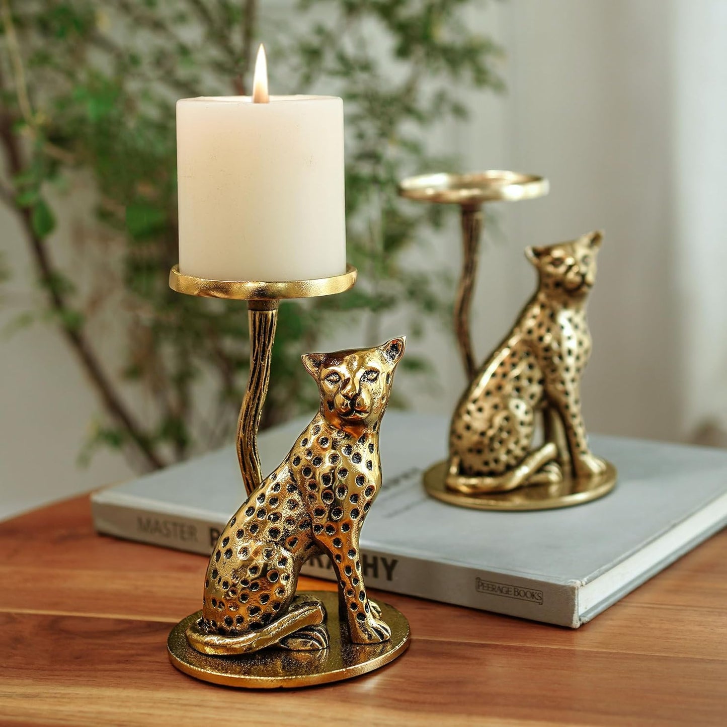 Aluminium Brass Finish Jaguar Pillar Candle Holder Statue for Home Decor | Tabletop Showpiece for Diwali Navratri Decoration | Gift Article for Housewarming Gold (Candle Not Included)