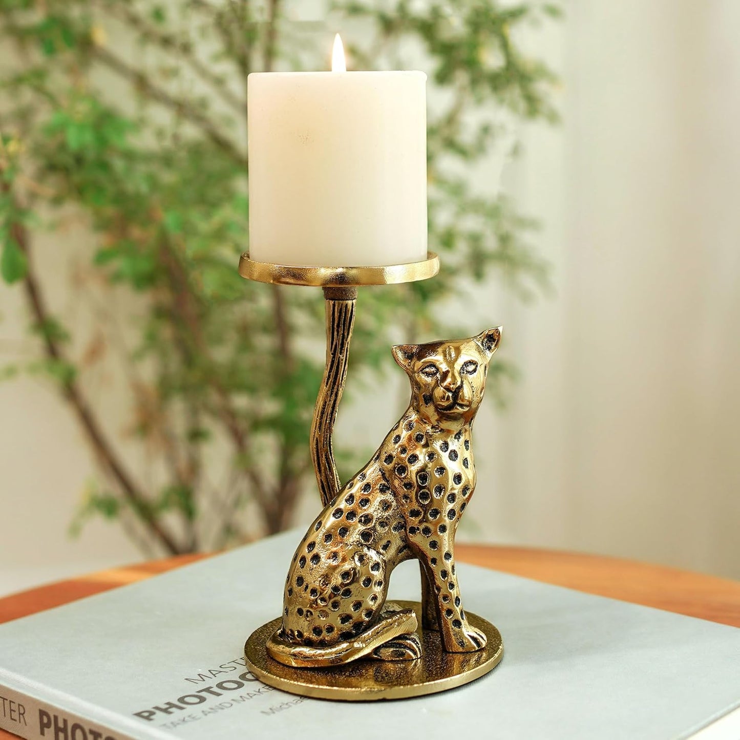 Aluminium Brass Finish Jaguar Pillar Candle Holder Statue for Home Decor | Tabletop Showpiece for Diwali Navratri Decoration | Gift Article for Housewarming Gold (Candle Not Included)