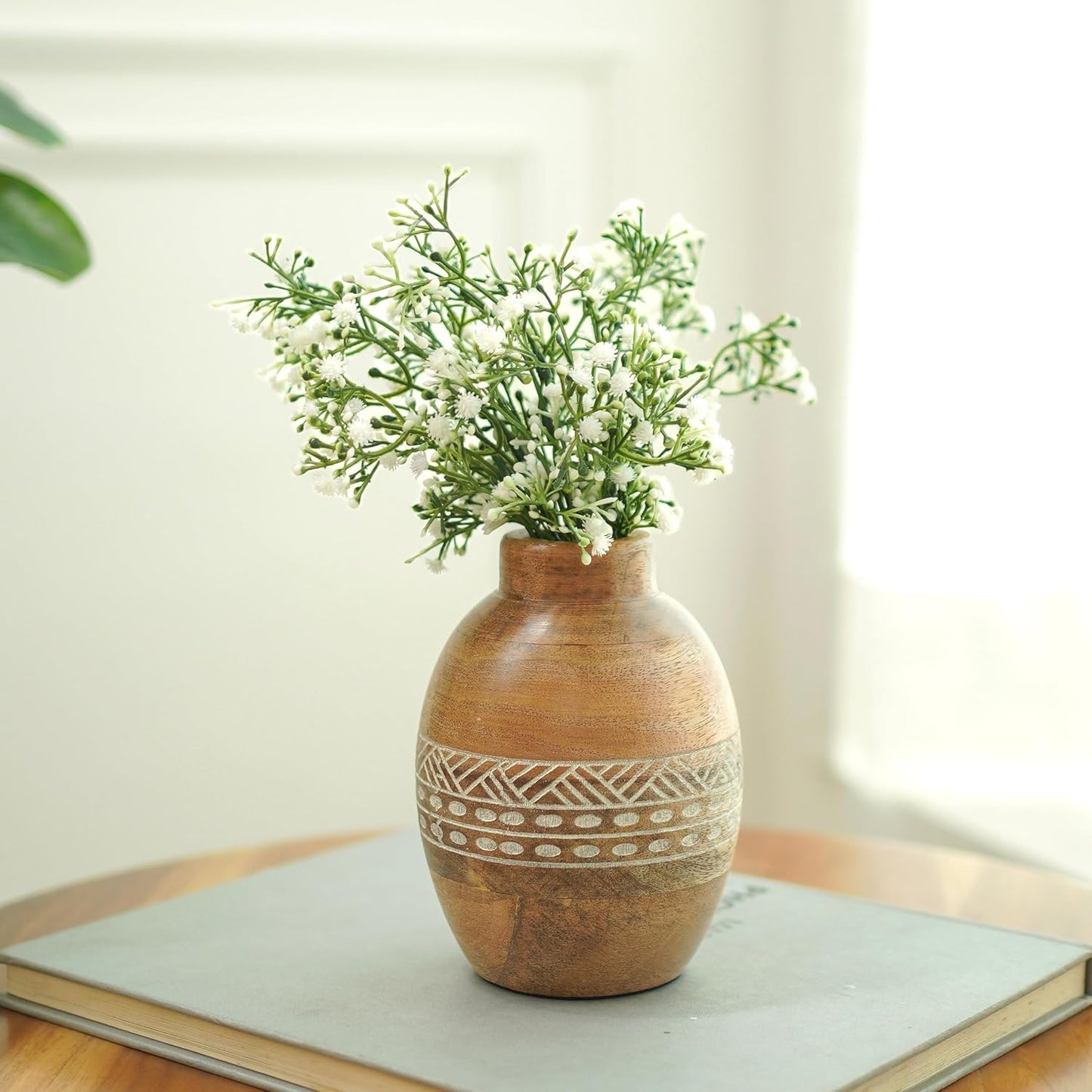 Flower Vase, Mango Wood Flower Vases, Bulb with Etching, for Decor Home Living Room Kitchen Office, Diwali Decoration