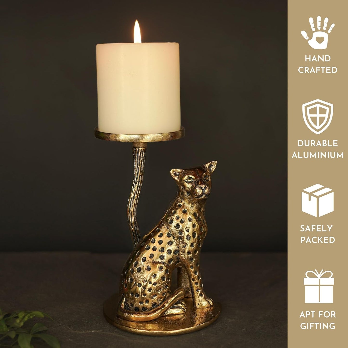 Aluminium Brass Finish Jaguar Pillar Candle Holder Statue for Home Decor | Tabletop Showpiece for Diwali Navratri Decoration | Gift Article for Housewarming Gold (Candle Not Included)