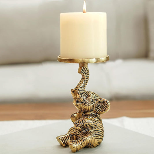 Aluminium Elephant Pillar Candle Holder Statue for Home Decor | Tabletop Showpiece for New Home Diwali Ganpati Decoration |Gift Article for Housewarming Gold (Candle Not Included)