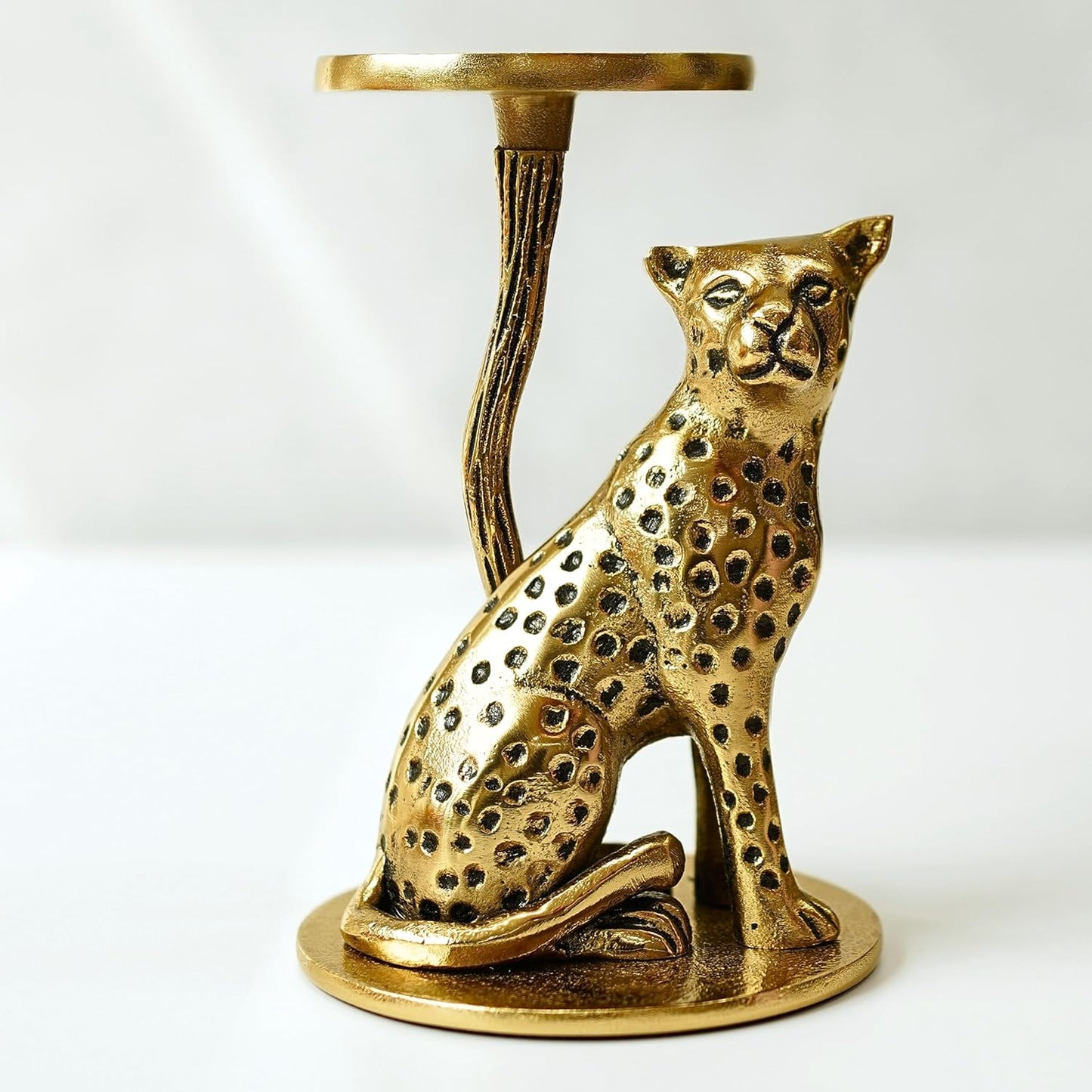 Aluminium Brass Finish Jaguar Pillar Candle Holder Statue for Home Decor | Tabletop Showpiece for Diwali Navratri Decoration | Gift Article for Housewarming Gold (Candle Not Included)