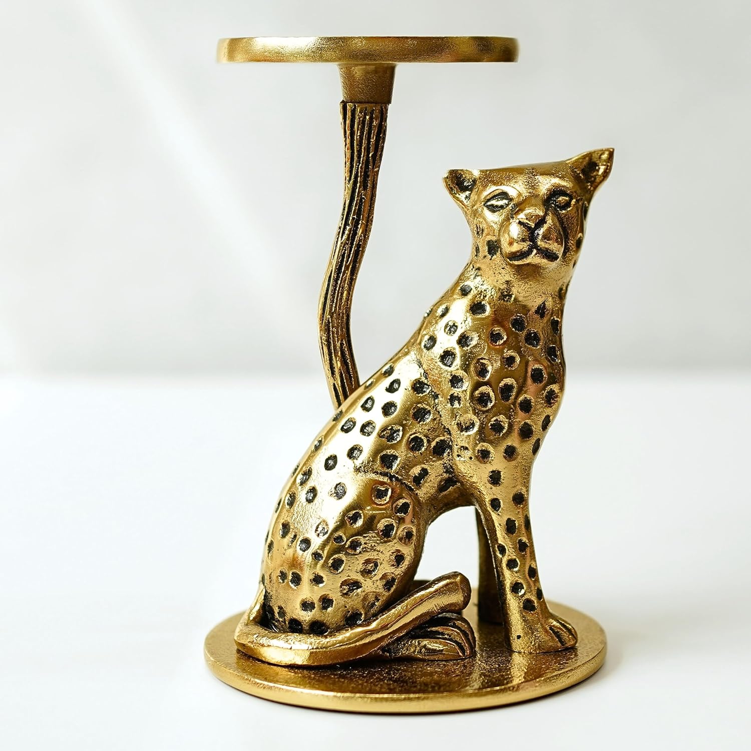 Aluminium Brass Finish Jaguar Pillar Candle Holder Statue for Home Decor | Tabletop Showpiece for Diwali Navratri Decoration | Gift Article for Housewarming Gold (Candle Not Included)