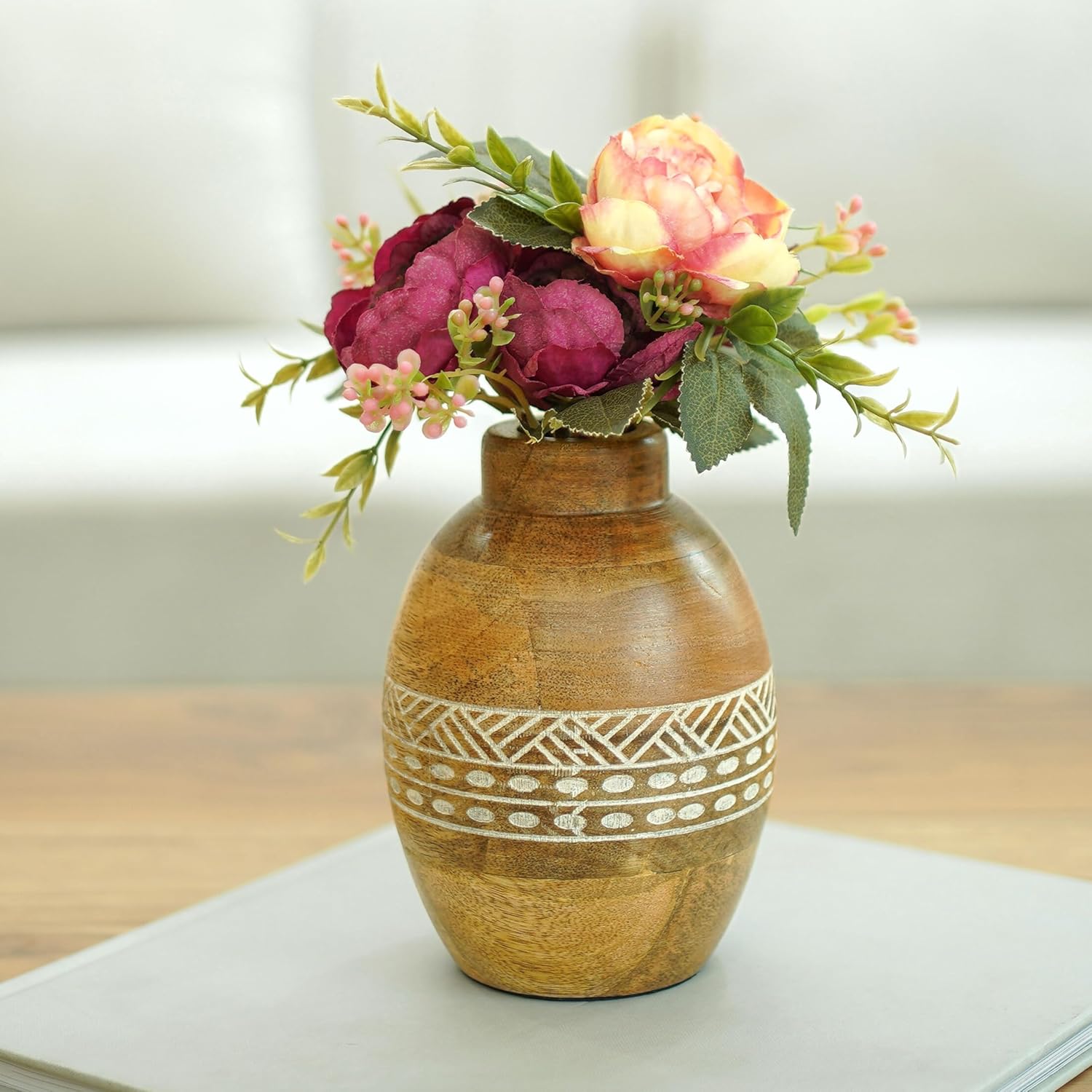 Flower Vase, Mango Wood Flower Vases, Bulb with Etching, for Decor Home Living Room Kitchen Office, Diwali Decoration