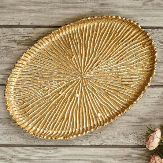 Aluminium Decorative Tray for Home Decor| Round Handcrafted Sunburst Pooja Thali for Temple, Premium Center Table & Festival Decor Serving Plate | Best for Diwali Pooja, Golden