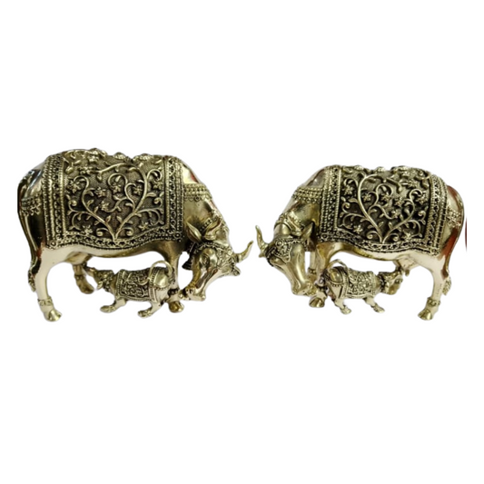 Navkara Cow and Calf Idol | 2.5 Inch | 350g | Antique Brass Finish | Kamdhenu Statue for Home Temple, Vastu, and Spiritual Gifting