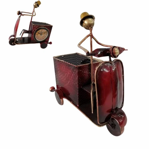 Metal Red Scooter Pen Holder | Handcrafted Desk Organizer | Unique Decorative Stationery Stand for Home & Office