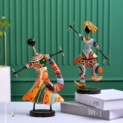 Cute Multicolor Dandiya Couple in Metal | Handcrafted Decorative Showpiece for Home & Table Décor | Traditional Rajasthani Folk Art Figurines