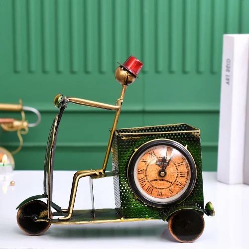 Metal Green Scooter Pen Stand with Clock | Handcrafted Desk Organizer | Stylish Table Decor for Home & Office