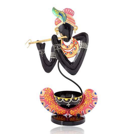 Metal Decorative Black Krishna T Lite Holder | Handcrafted Tea Light Candle Stand for Home Temple & Festival Décor