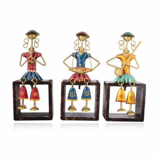 Decorative Metal Musician Stool Dolls | Handcrafted Musician Figurines for Artistic Home & Office Decor