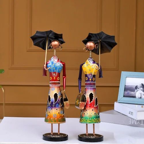 Handmade Metal Umbrella Doll Set | Elegant Decorative Showpieces for Living Room & Office Décor | Antique Finish Artistic Figurine Set