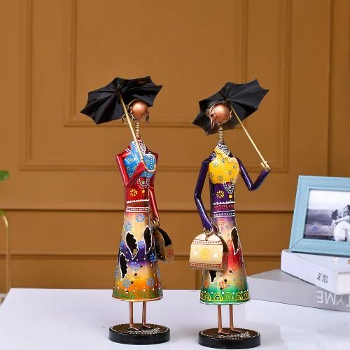 Handmade Metal Umbrella Doll Set | Elegant Decorative Showpieces for Living Room & Office Décor | Antique Finish Artistic Figurine Set