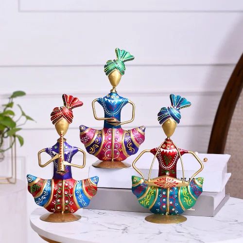 Handmade Metal Sitting Sardar Musician Set | Artistic Folk Musician Showpiece for Table & Living Room Décor | Indian Cultural Gift Set