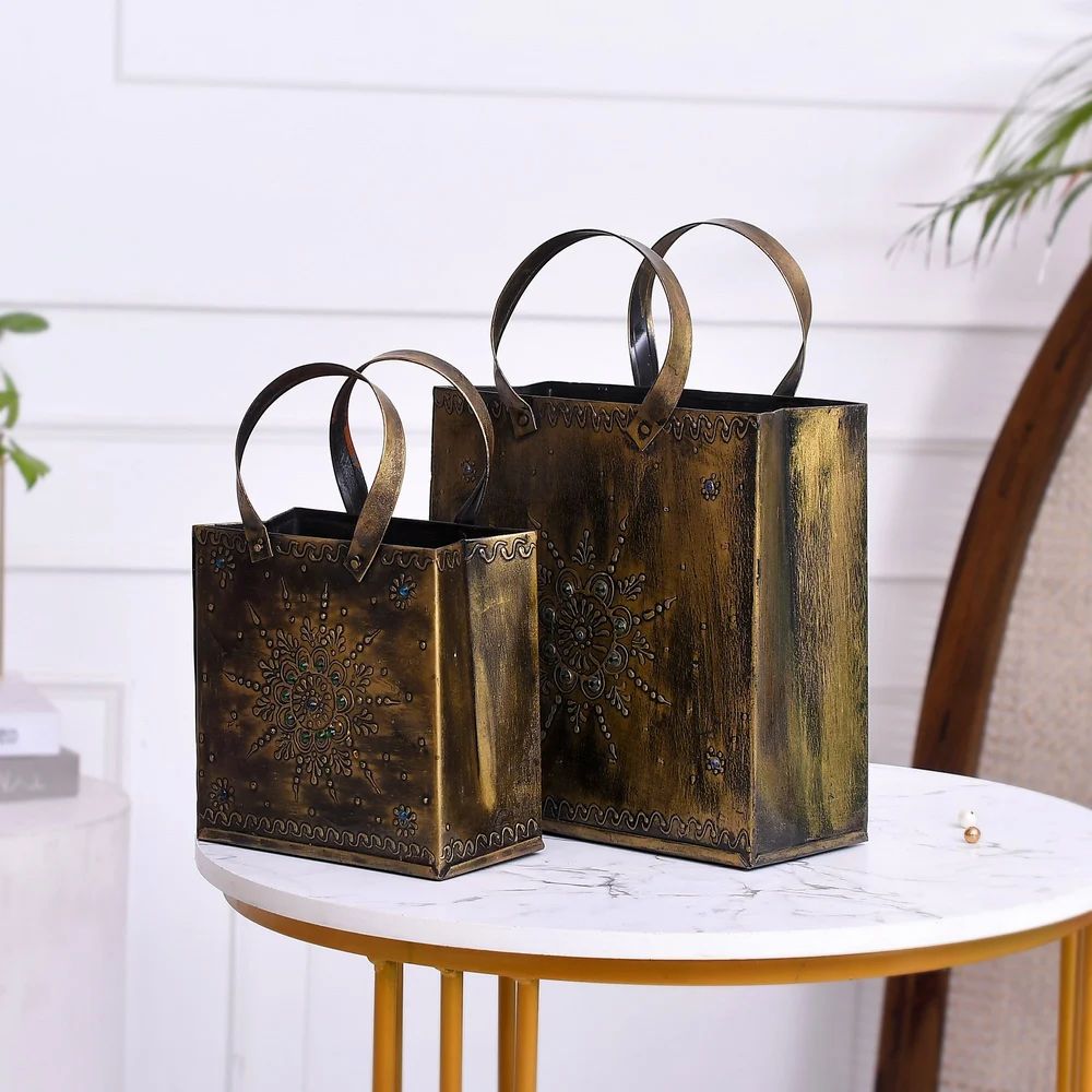 Metal Bag Decorative Showpiece Set for Home Décor | Handcrafted Art Piece for Living Room, Table & Gift Decoration | Premium Metal Handbag Figurine