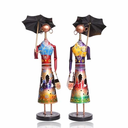 Handmade Metal Umbrella Doll Set | Elegant Decorative Showpieces for Living Room & Office Décor | Antique Finish Artistic Figurine Set