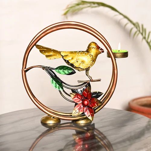 Handcrafted Metal Round Bird Tea Light Holder | Decorative Candle Holder for Living Room & Gifting