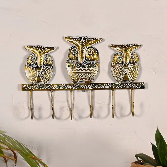 Beautiful Handcrafted Metal Golden Owl Key Holder | Hand Painted Wall Hanging Key Organizer | Perfect Gift for Home Decor