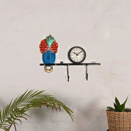 Wall Decorative Krishna Clock Key Holder in Metal | Elegant Lord Krishna Wall Hanging with Key Hooks | Home & Office Décor Gift