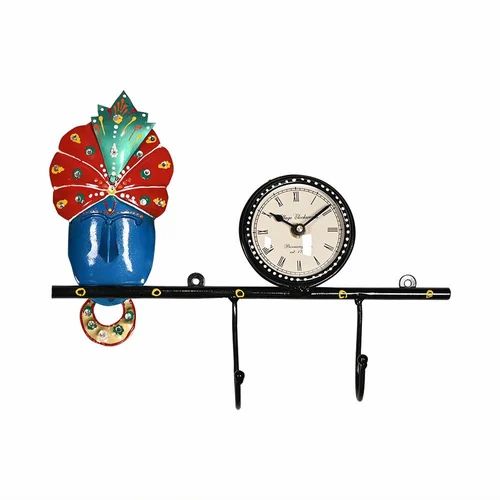 Wall Decorative Krishna Clock Key Holder in Metal | Elegant Lord Krishna Wall Hanging with Key Hooks | Home & Office Décor Gift