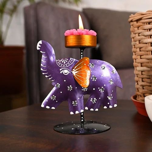 Rajasthani Hand-Painted Metal Elephant T-Lite Holder | Decorative Tealight Candle Stand for Home & Festive Décor