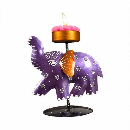 Rajasthani Hand-Painted Metal Elephant T-Lite Holder | Decorative Tealight Candle Stand for Home & Festive Décor