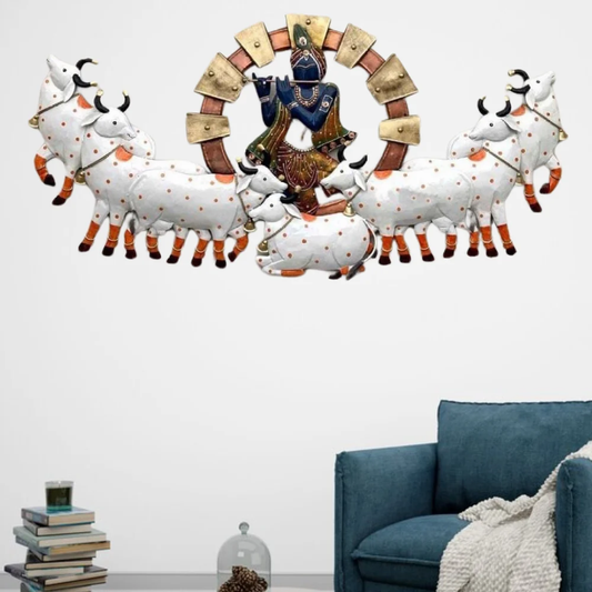 Handmade Metal Krishna and Cow Wall Decor | Elegant Religious Showpiece for Living Room