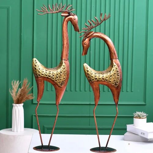 Metal 2 Deer Set | Handmade Decorative Deer Sculptures for Living Room, Table & Shelf Décor | Premium Artistic Metal Craft Gift Item