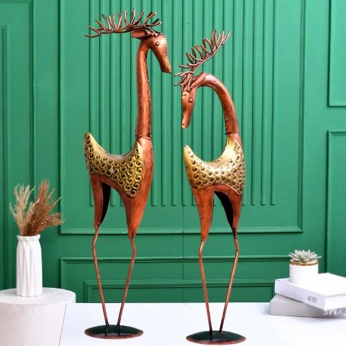 Metal 2 Deer Set | Handmade Decorative Deer Sculptures for Living Room, Table & Shelf Décor | Premium Artistic Metal Craft Gift Item
