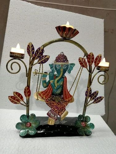 Metal Jhula Ganesh T Lite Holder | Handcrafted Decorative Tea Light Stand | Elegant Ganesh Ji Showpiece for Home & Temple Decor