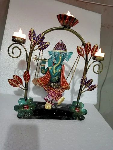 Metal Jhula Ganesh T Lite Holder | Handcrafted Decorative Tea Light Stand | Elegant Ganesh Ji Showpiece for Home & Temple Decor