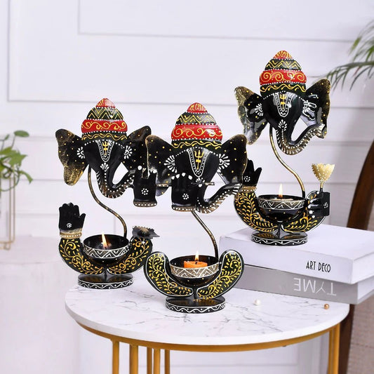 Ganesh T Lite Set of 3 | Decorative Lord Ganesha Tea Light Candle Holders for Home & Festive Decor