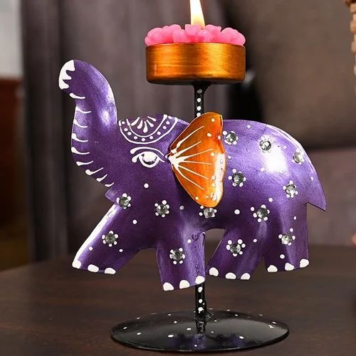 Rajasthani Hand-Painted Metal Elephant T-Lite Holder | Decorative Tealight Candle Stand for Home & Festive Décor